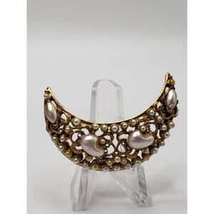 Florenza Crescent Moon Faux Pearl Brooch Approx 2 x 1.25 Inch Vintage